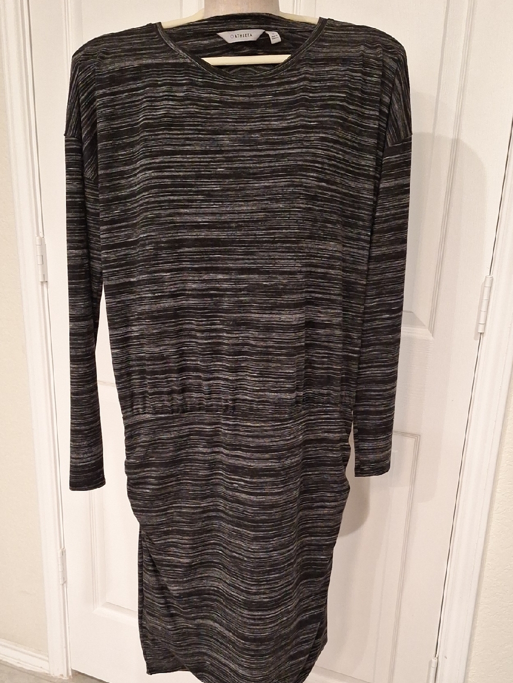 Athleta Black and Gray/Black Striped Long Sleeve Dress Ruched Waist